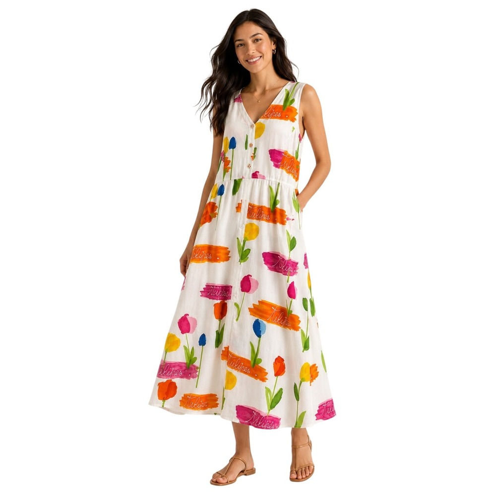 Jams World Women Dress Tulipes Floral Midi Medium White Multi Excellent Boho